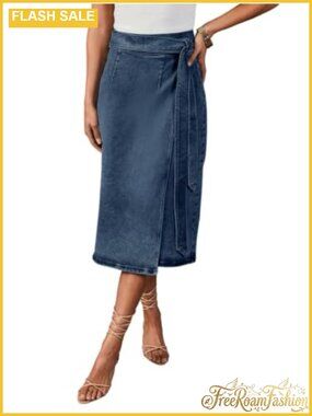 Wrap Denim Midi Skirt High Waist A-Line Tie Side Jean Skirt